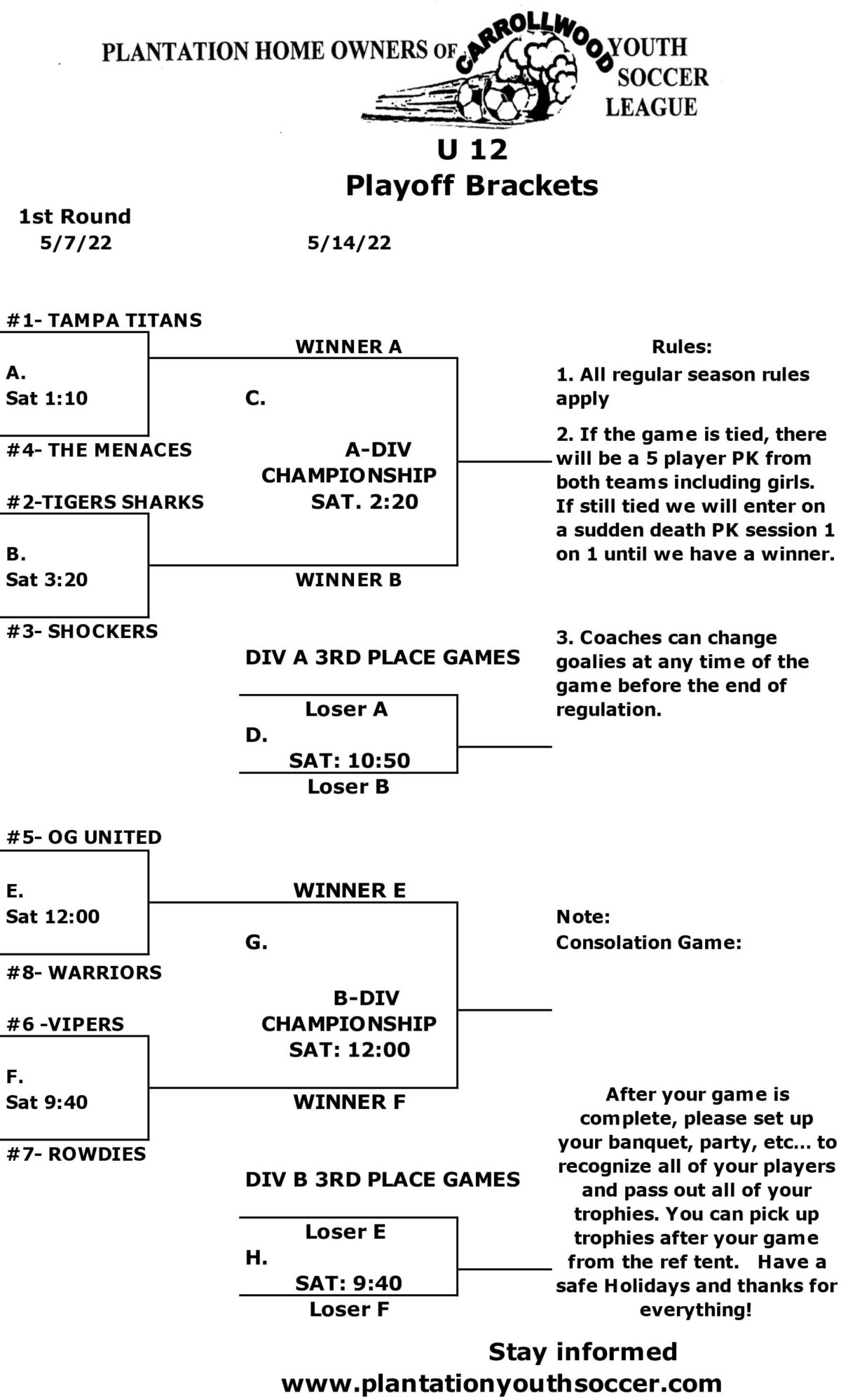 U12 Brackets Plantation Youth Soccer